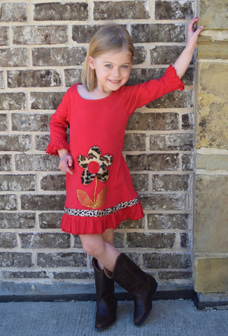 Red Dress trimmed with plush Cheetah flower